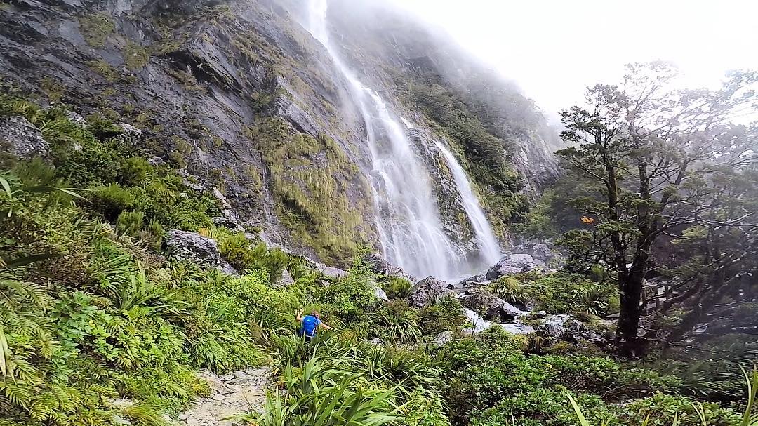 Wandering through waterfalls is so good for the soul. Photo credit: Sarah at All the Gear Nae Idea.   Fiordland Waterfalls with Trips and Tramps
